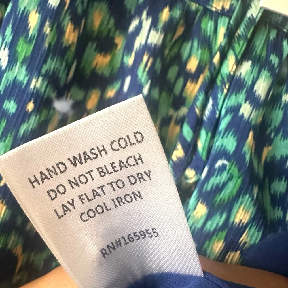 AnnieWear Los Angeles Boho Chiffon Blouse L Blue Green Ikat Ruffle Sleeve - Picture 8 of 10